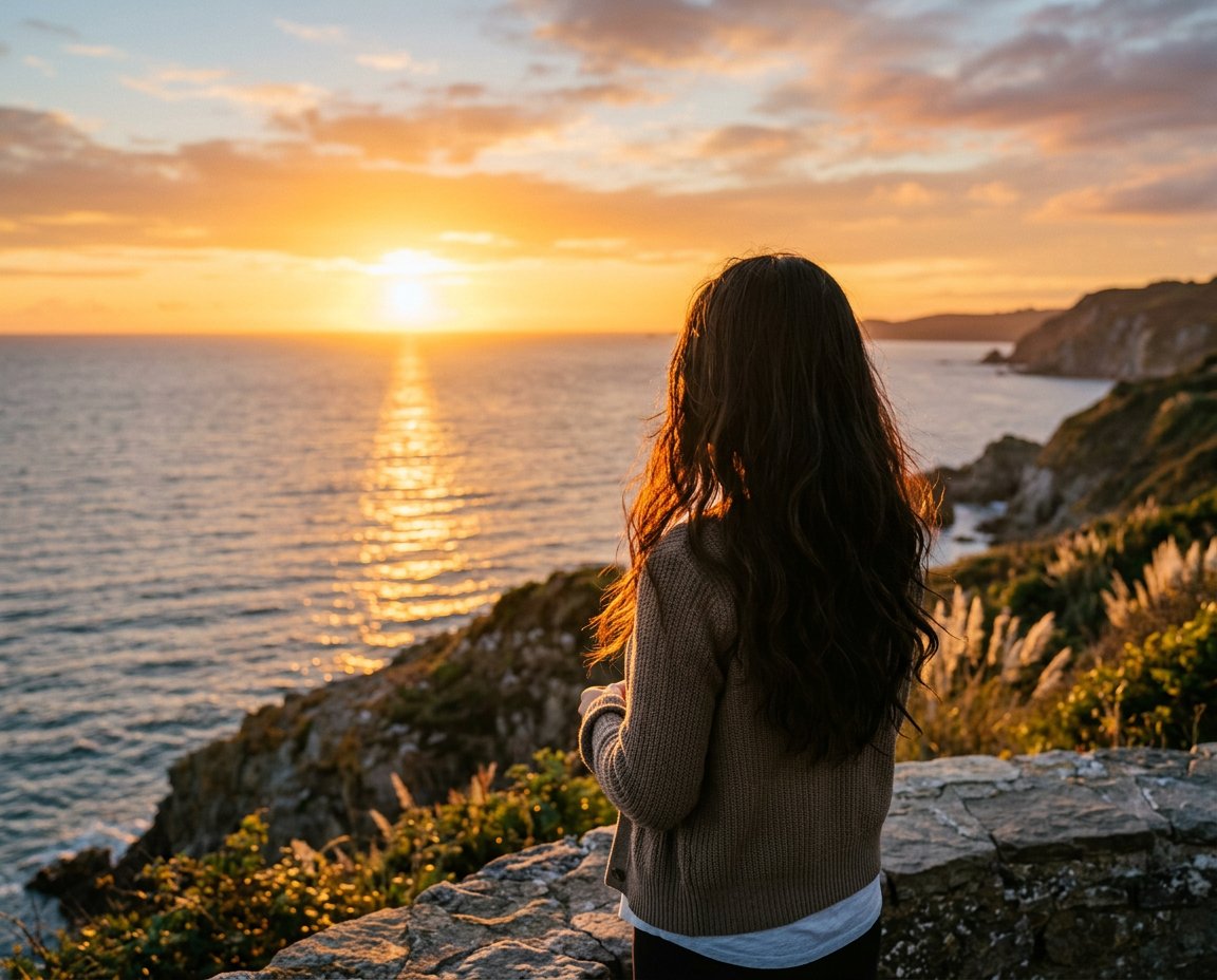 海邊夕陽前的女子背影