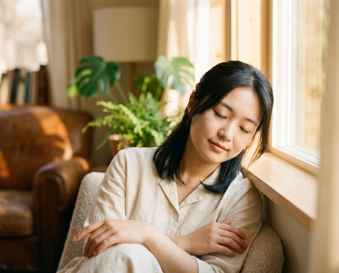 窗邊閉眼放鬆的女子